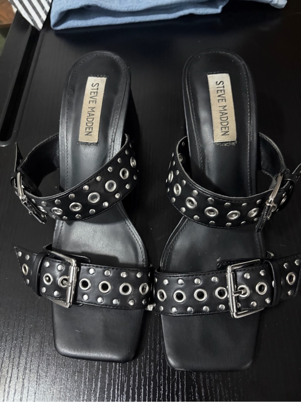 Steve Madden Black Grommet Buckle Heeled Sandals